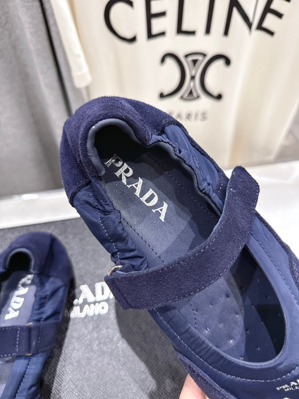 PRADA 25S COLLAPSE RE NYLON AND SUEDE BALLERINAS IN RK BLUE