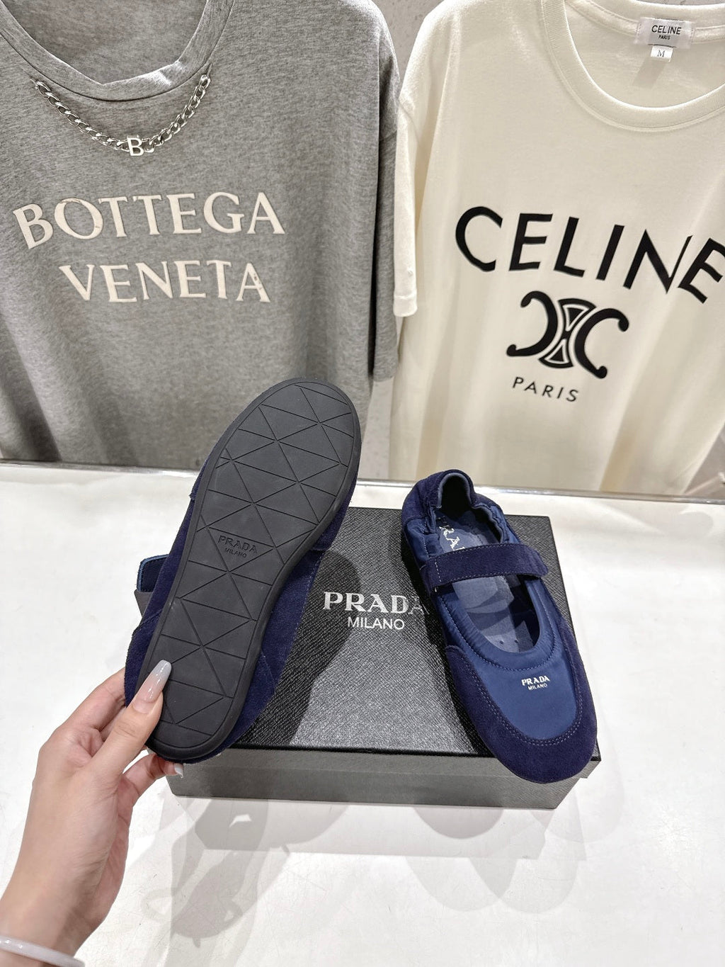 PRADA 25S COLLAPSE RE NYLON AND SUEDE BALLERINAS IN RK BLUE