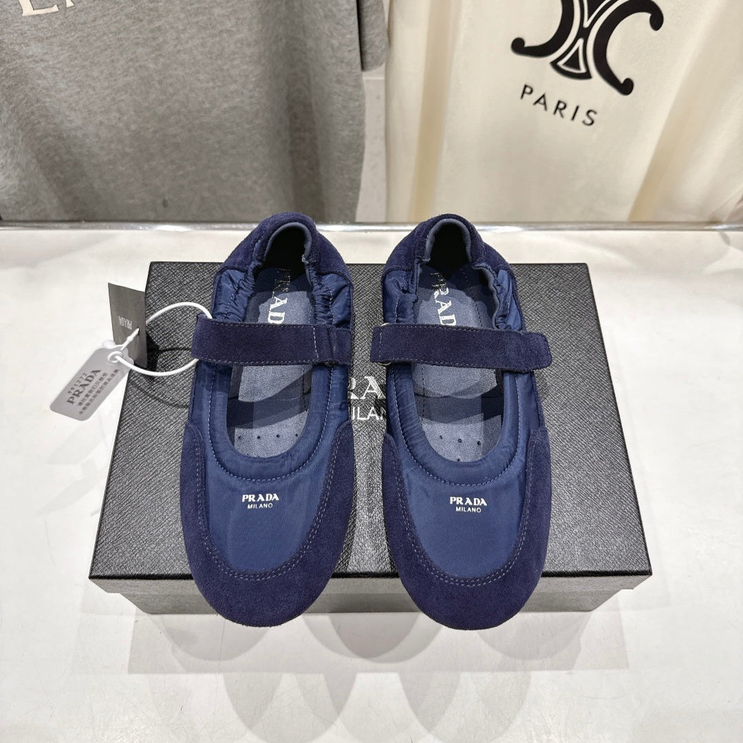 PRADA 25S COLLAPSE RE NYLON AND SUEDE BALLERINAS IN RK BLUE