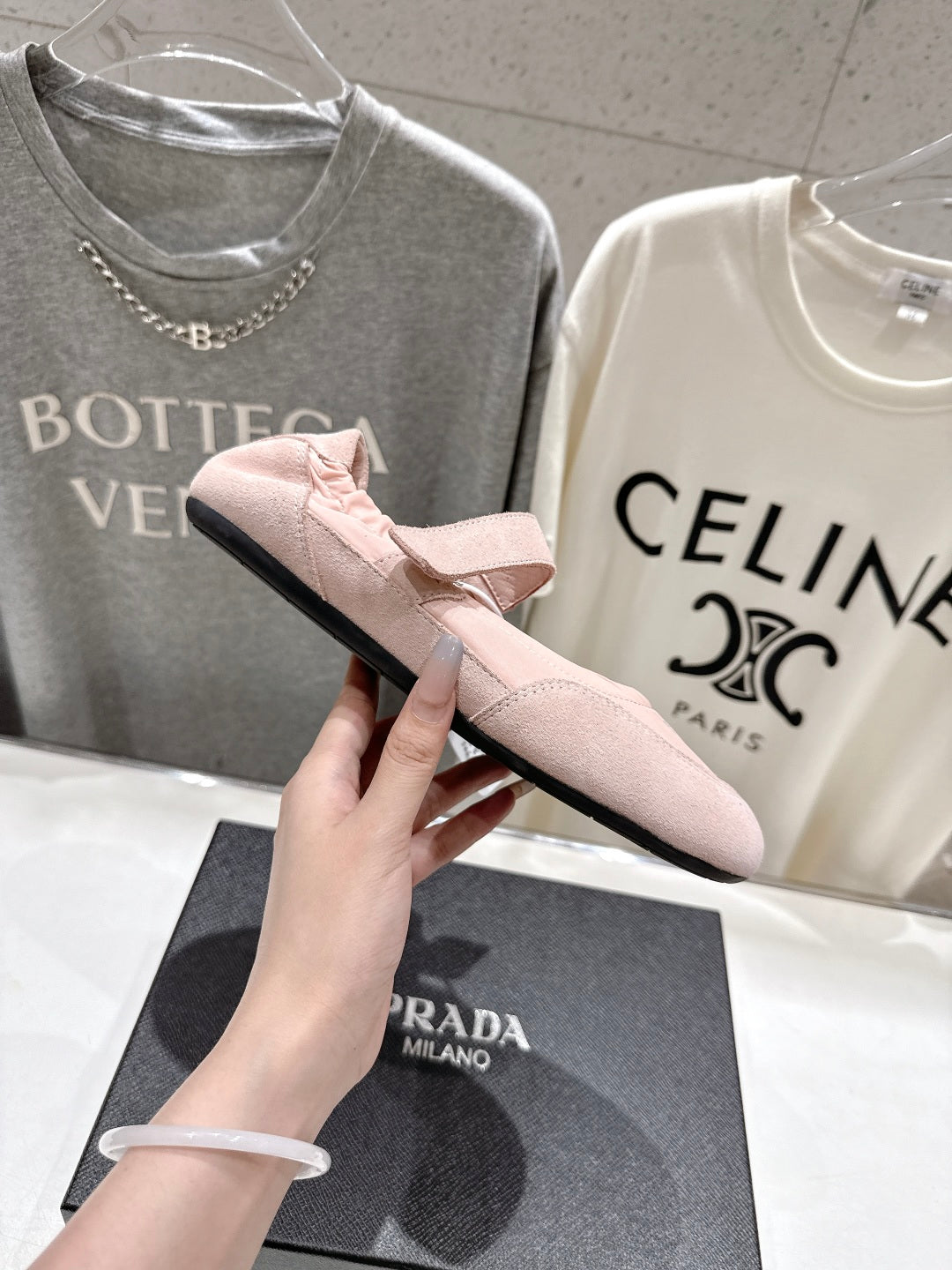 PRADA 25S COLLAPSE RE NYLON AND SUEDE BALLERINAS IN BABY PINK