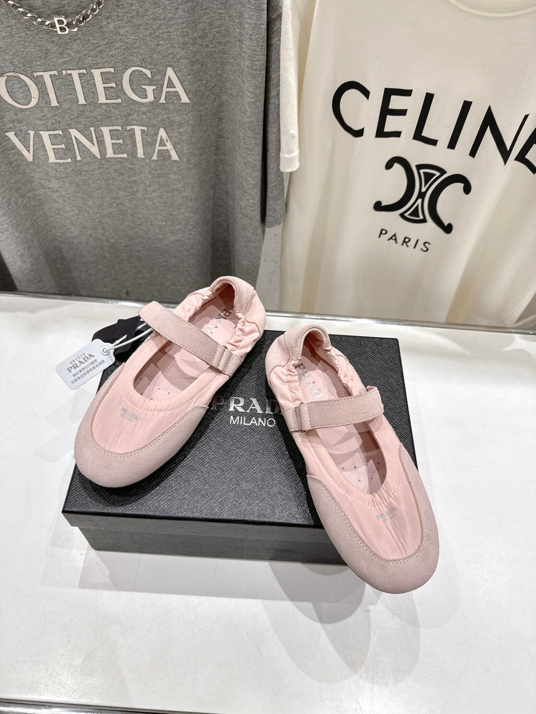PRADA 25S COLLAPSE RE NYLON AND SUEDE BALLERINAS IN BABY PINK