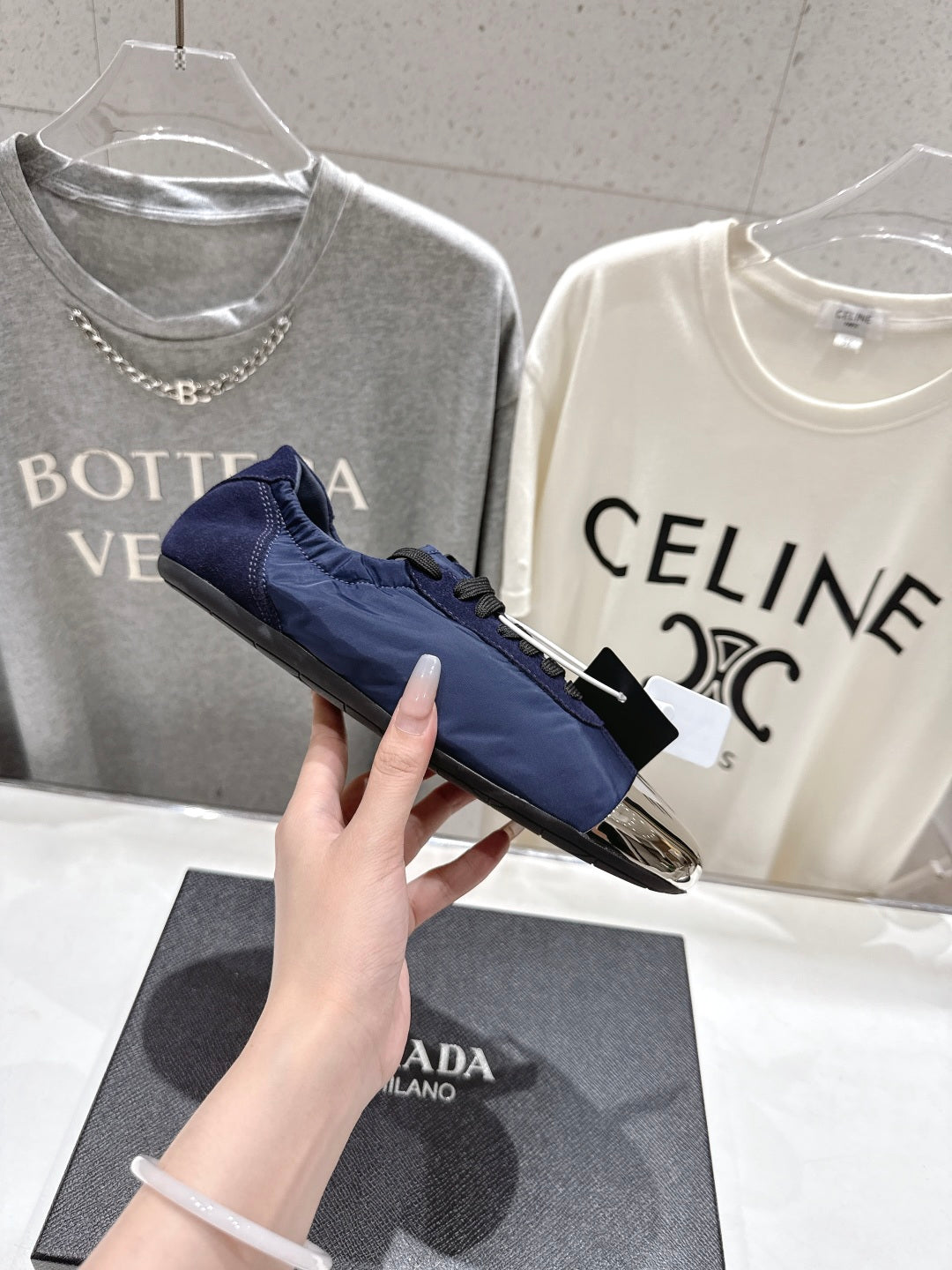 PRADA 25S COLLAPSE RE NYLON AND SUEDE SNEAKERS IN RK BLUE WITH METAL TOECAP