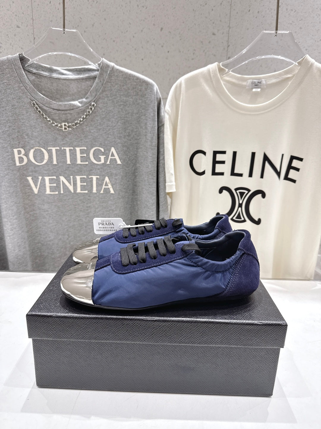 PRADA 25S COLLAPSE RE NYLON AND SUEDE SNEAKERS IN RK BLUE WITH METAL TOECAP