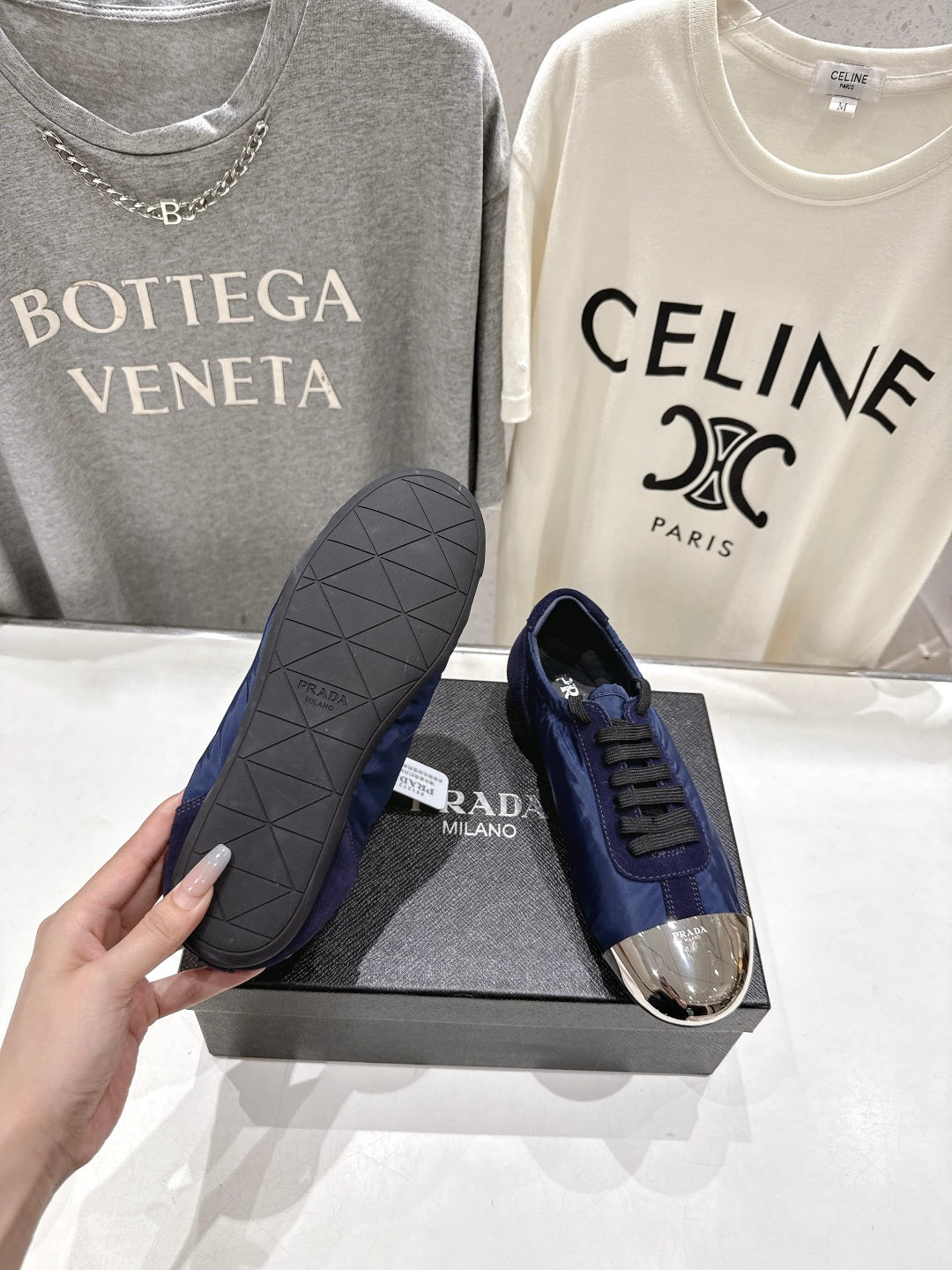 PRADA 25S COLLAPSE RE NYLON AND SUEDE SNEAKERS IN RK BLUE WITH METAL TOECAP