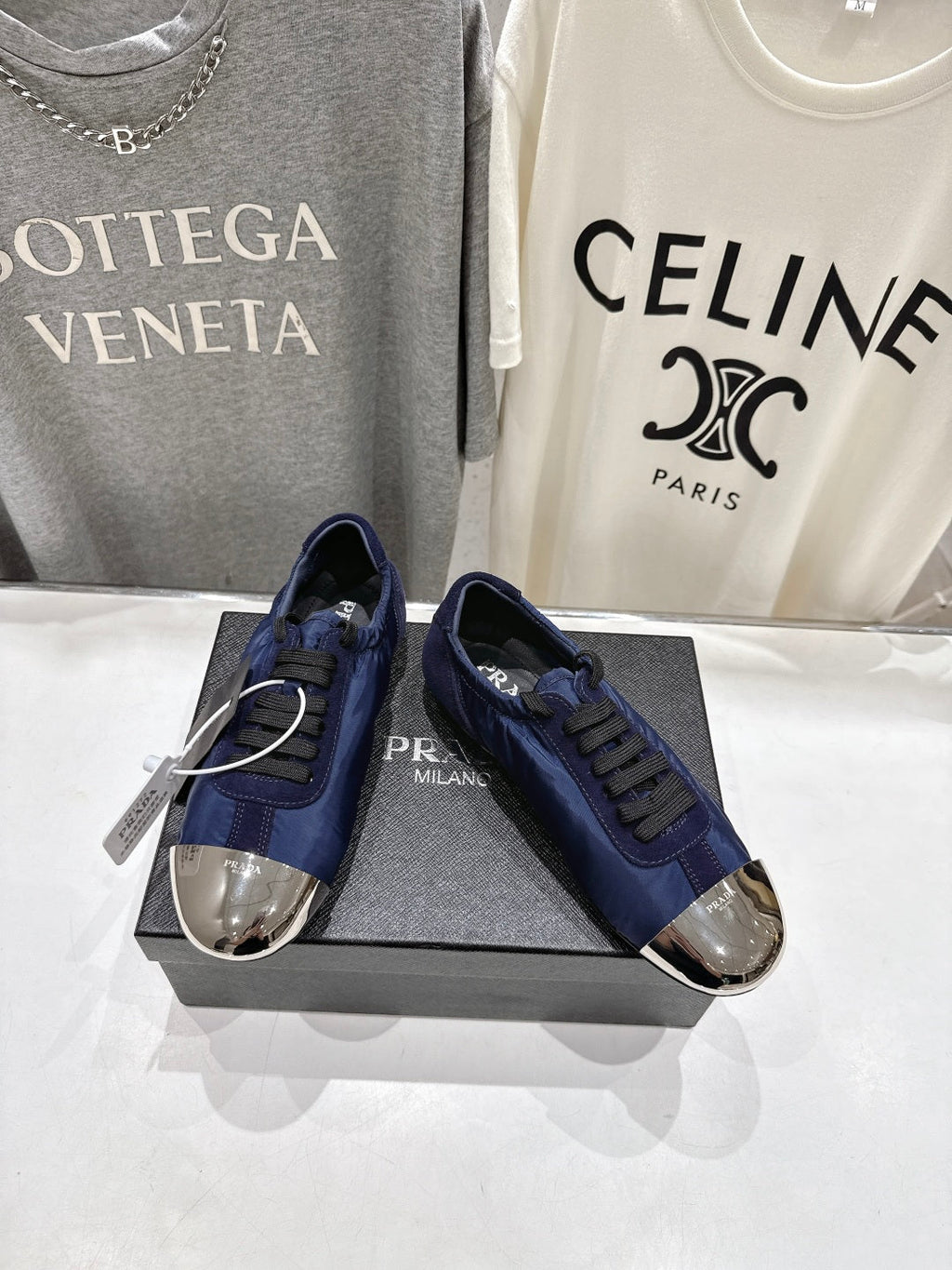 PRADA 25S COLLAPSE RE NYLON AND SUEDE SNEAKERS IN RK BLUE WITH METAL TOECAP