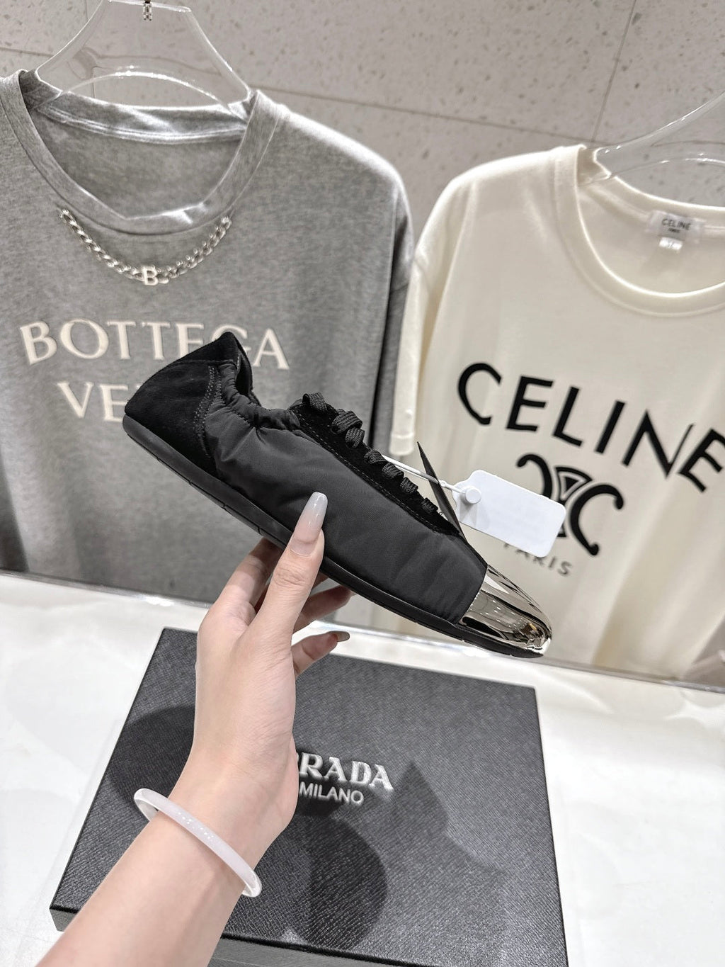 PRADA 25S COLLAPSE RE NYLON AND SUEDE SNEAKERS IN BLACK WITH METAL TOECAP
