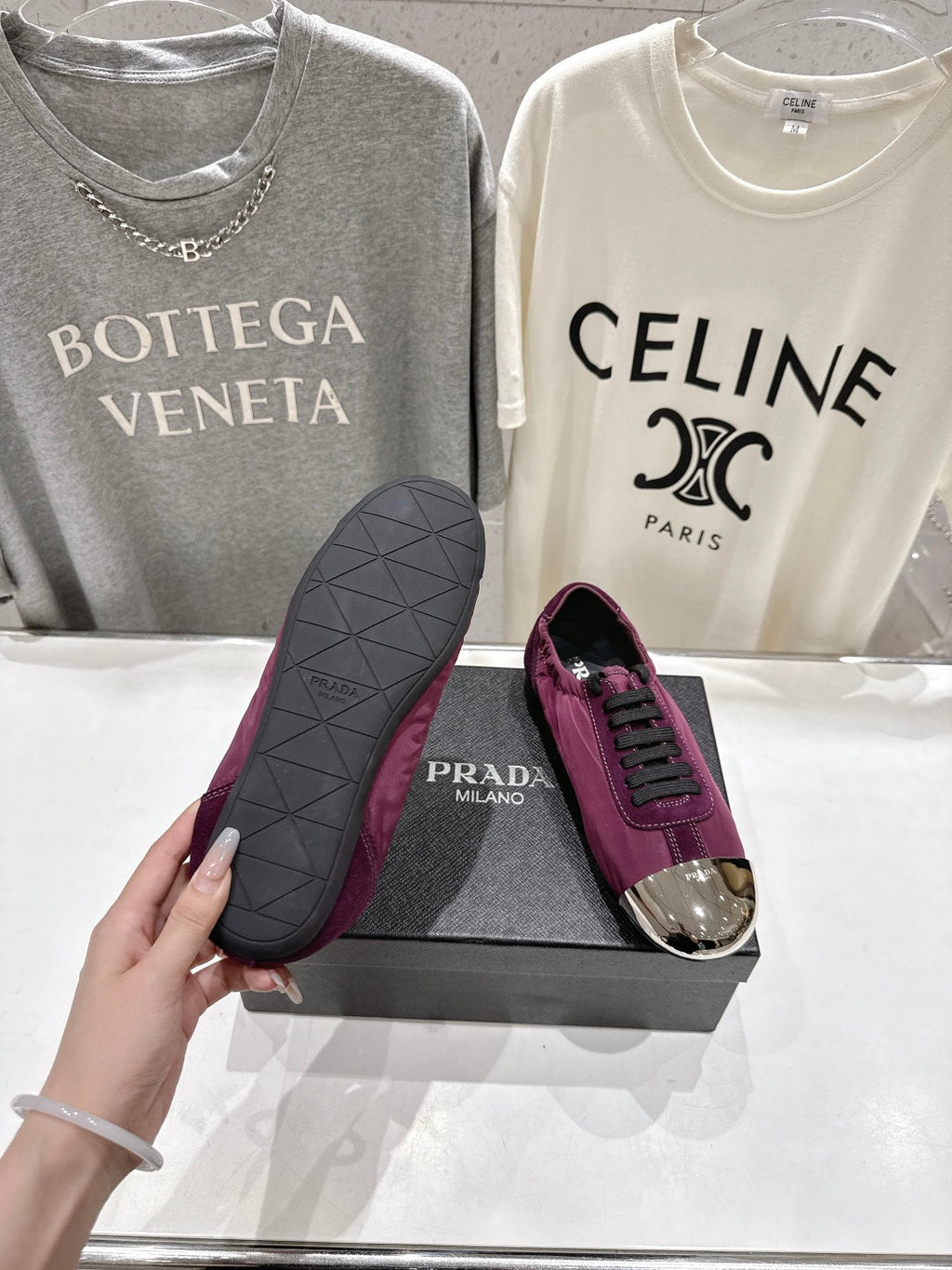 PRADA 25S COLLAPSE RE NYLON AND SUEDE SNEAKERS IN PLUM WITH METAL TOECAP