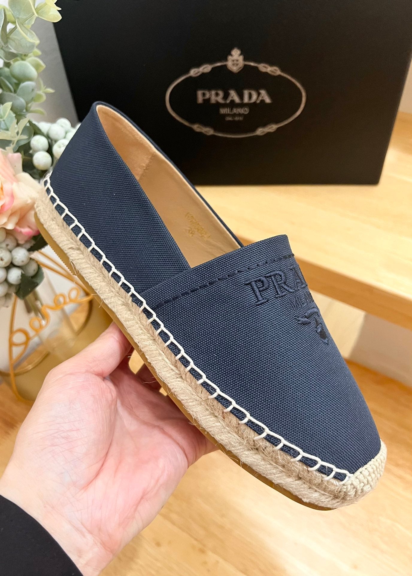 PRADA ESPADRILLES LOAFERS NAVY LINEN FABRIC