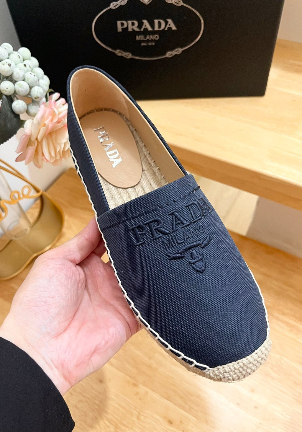 PRADA ESPADRILLES LOAFERS NAVY LINEN FABRIC