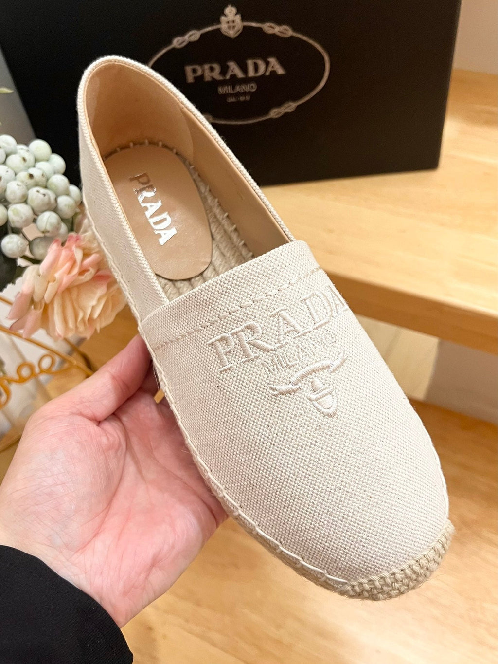 PRADA ESPADRILLES LOAFERS CREAMY WHITE LINEN FABRIC