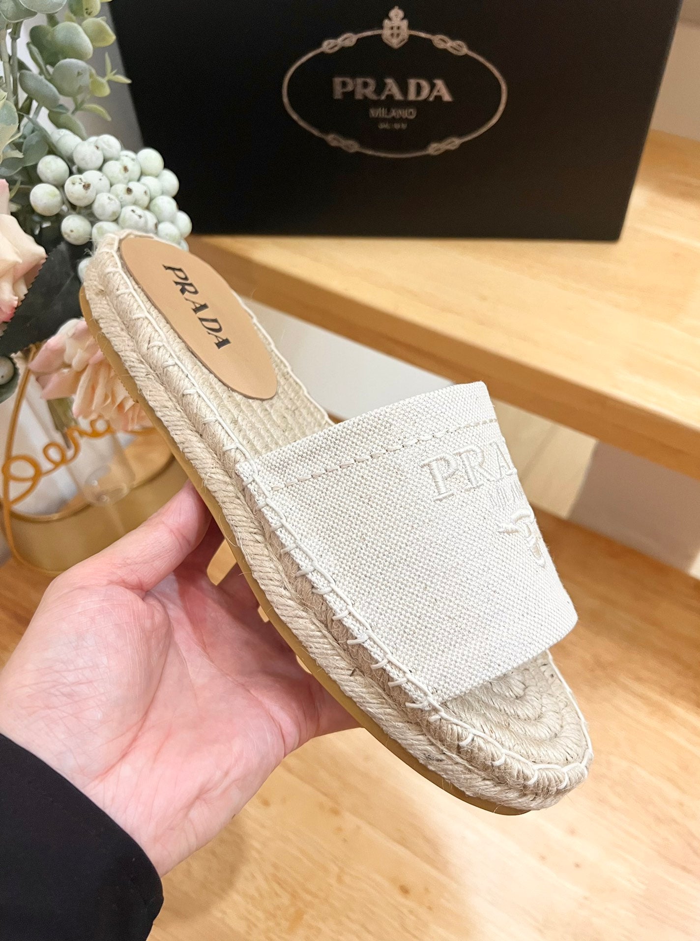 PRADA CROCHET SLIPPERS CREAMY WHITE LINEN FABRIC