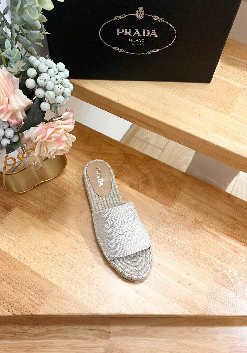 PRADA Pra Slide 20 Beige Velvet Sole Raffia