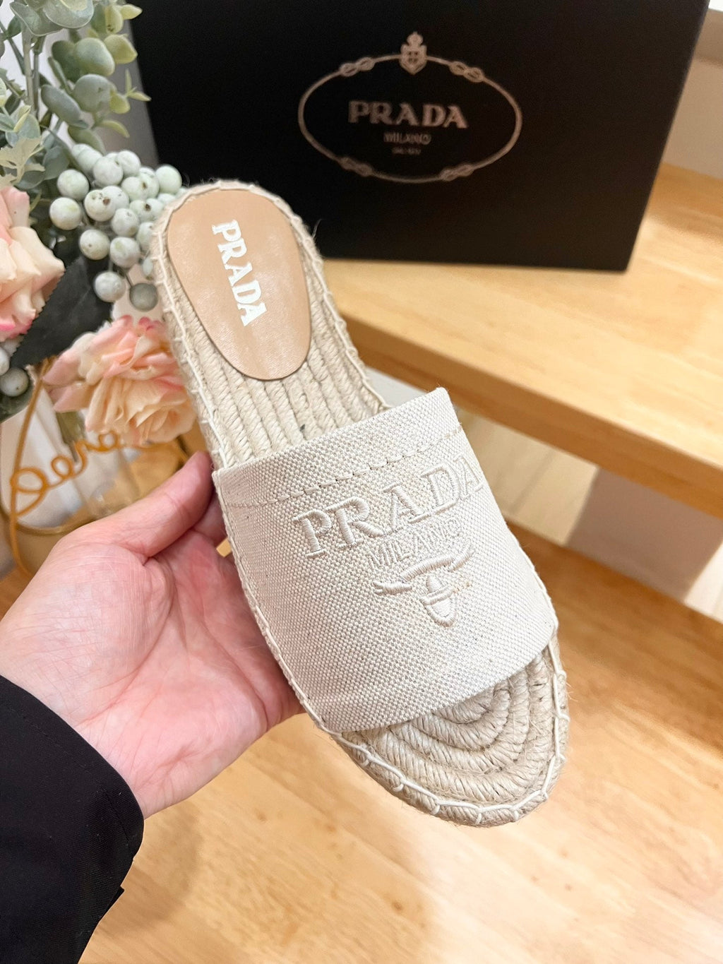 PRADA Pra Slide 20 Beige Velvet Sole Raffia
