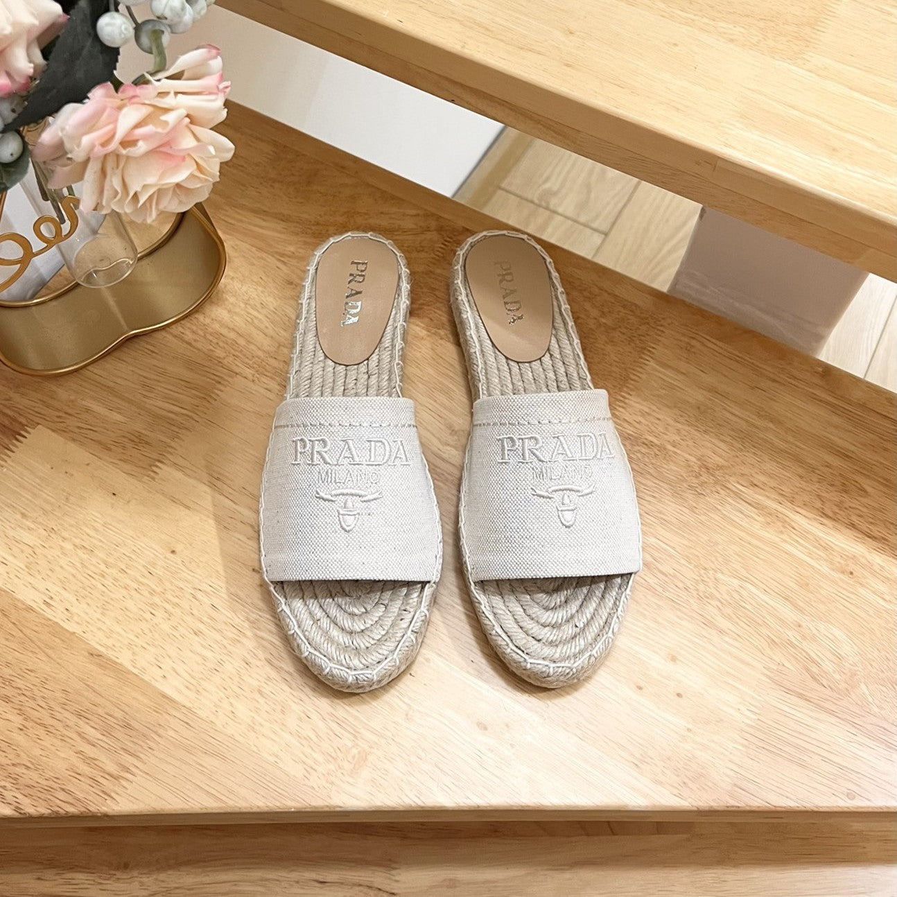 PRADA Pra Slide 20 Beige Velvet Sole Raffia