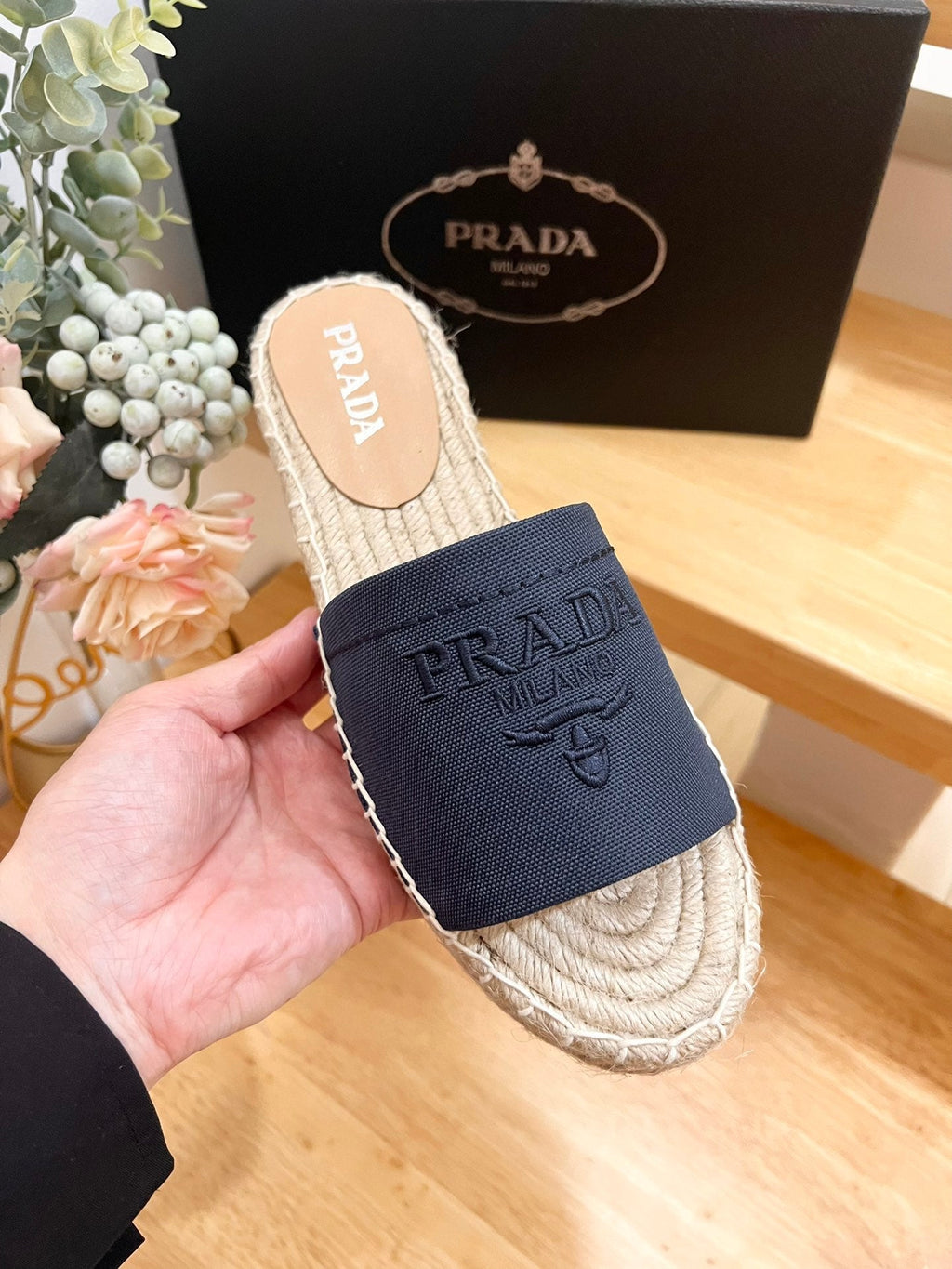 PRADA CROCHET SLIPPERS NAVY LINEN FABRIC