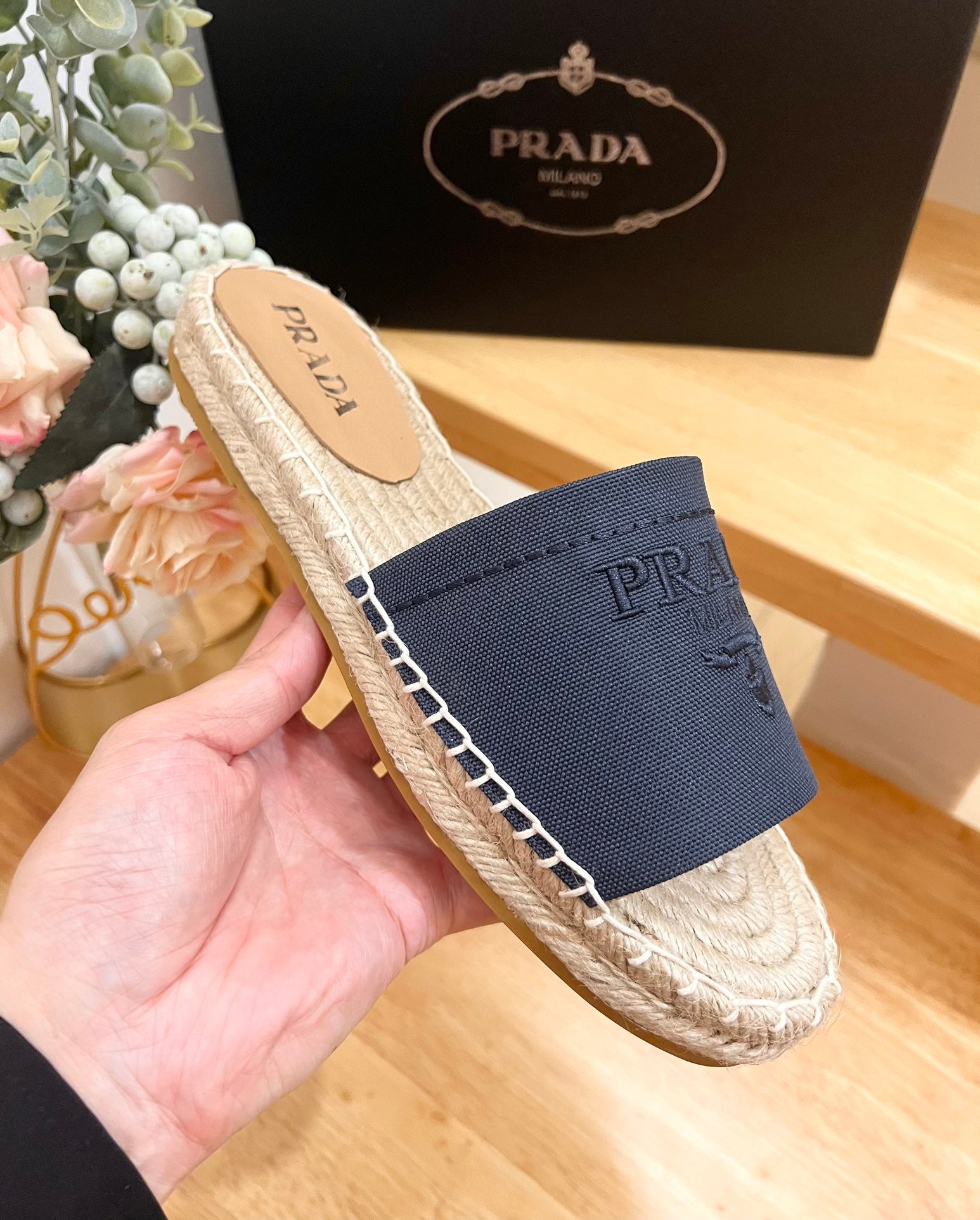 PRADA Pra Slide 20 Denim Velvet Beige Sole Raffia