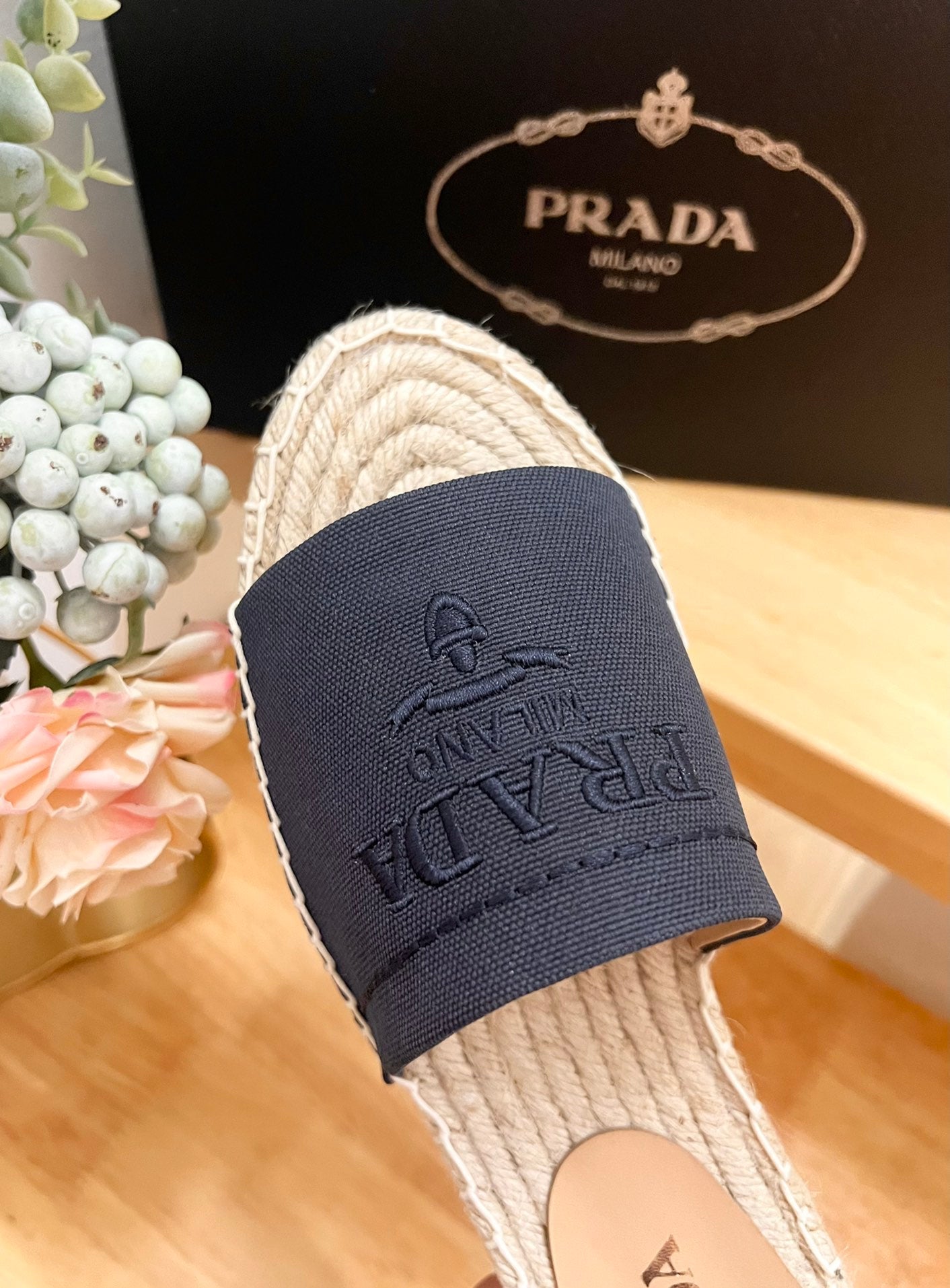 PRADA Pra Slide 20 Denim Velvet Beige Sole Raffia
