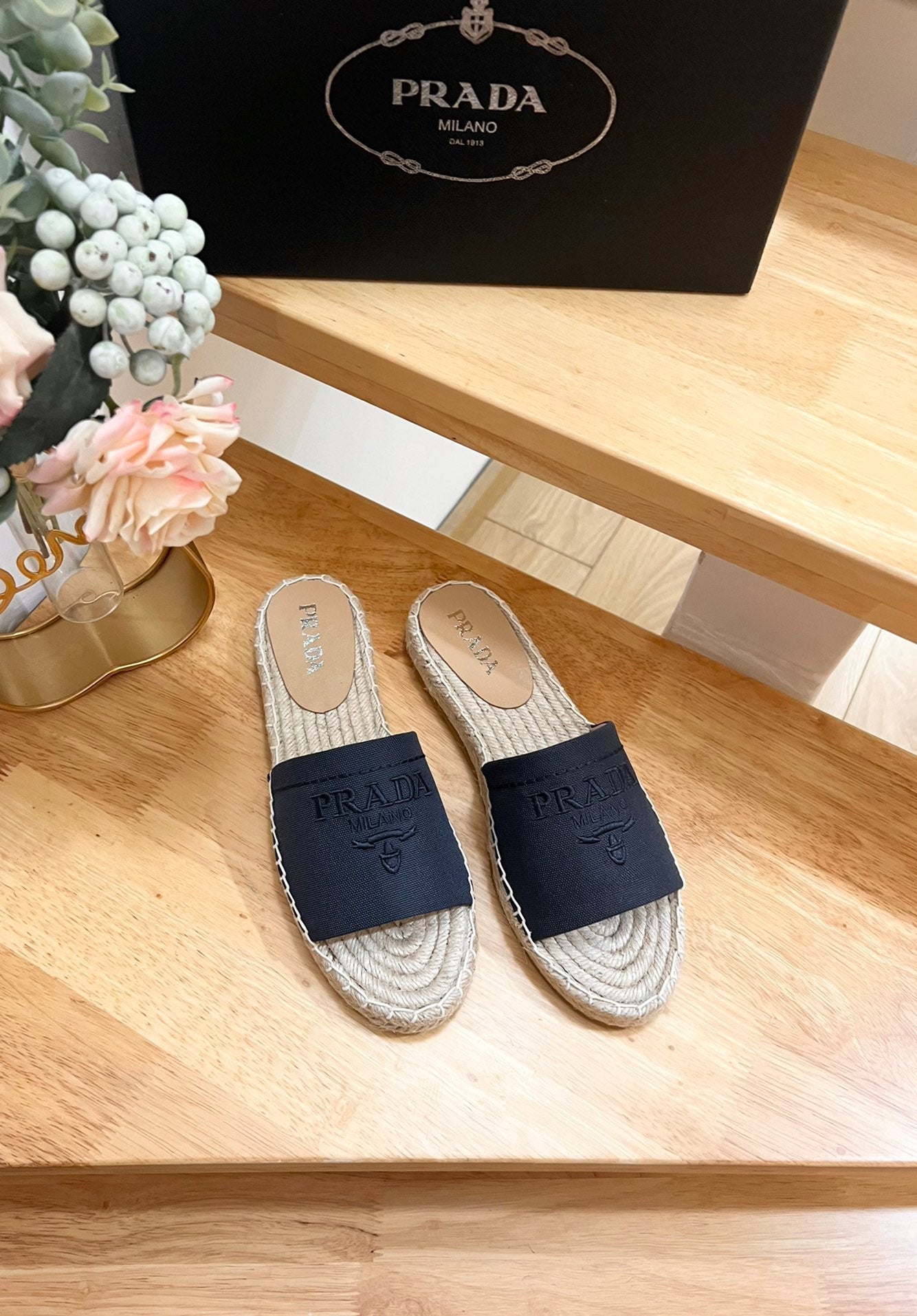 PRADA Pra Slide 20 Denim Velvet Beige Sole Raffia