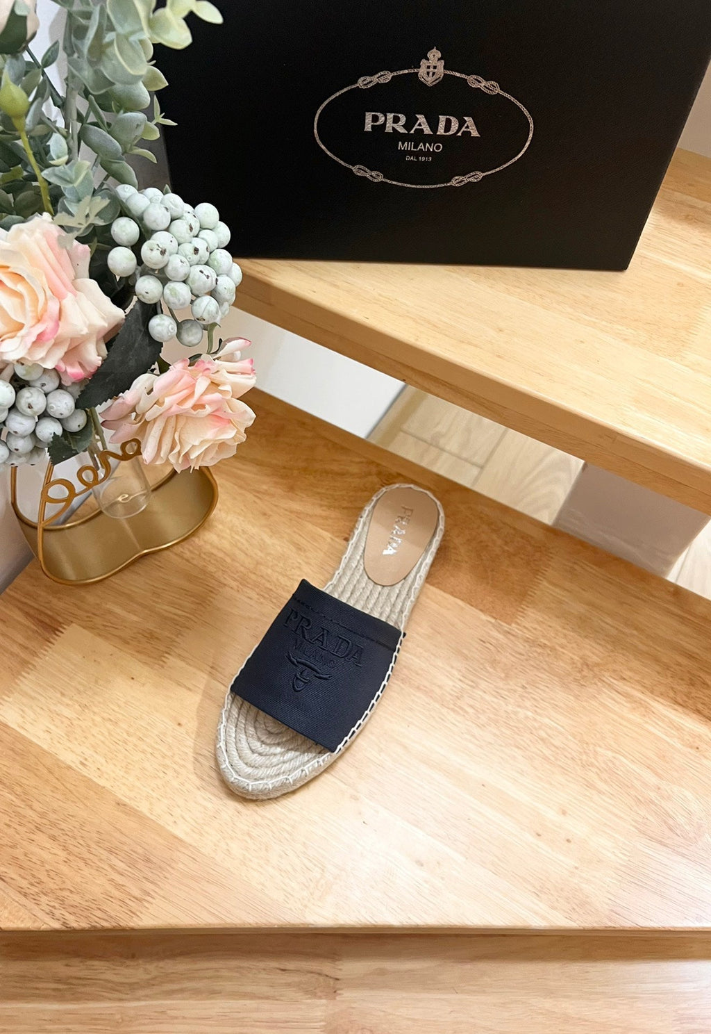 PRADA Pra Slide 20 Denim Velvet Beige Sole Raffia