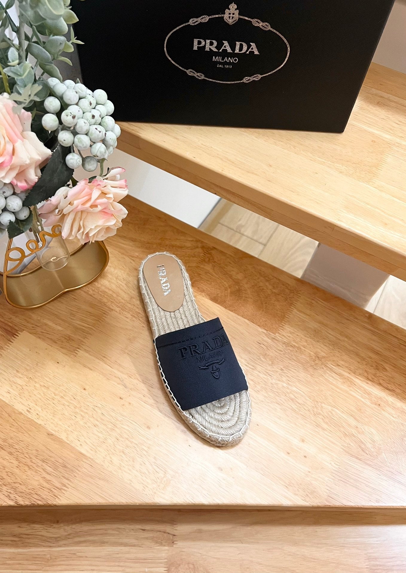 PRADA Pra Slide 20 Denim Velvet Beige Sole Raffia