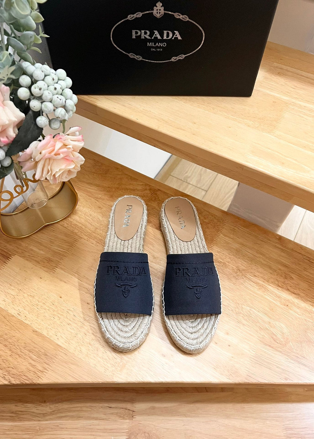 PRADA CROCHET SLIPPERS NAVY LINEN FABRIC