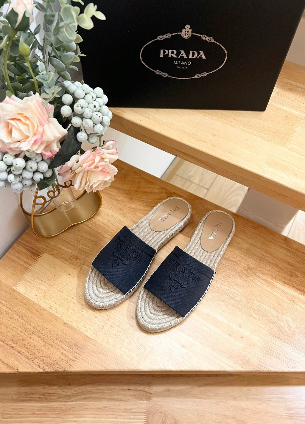 PRADA Pra Slide 20 Denim Velvet Beige Sole Raffia