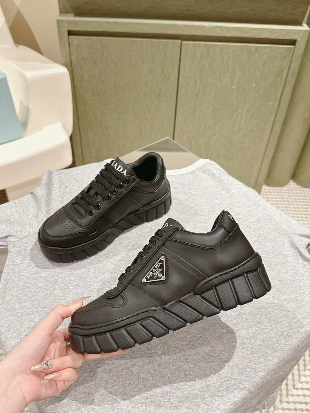 PRADA FLATFORM SNEAKERS BLACK CALFSKIN