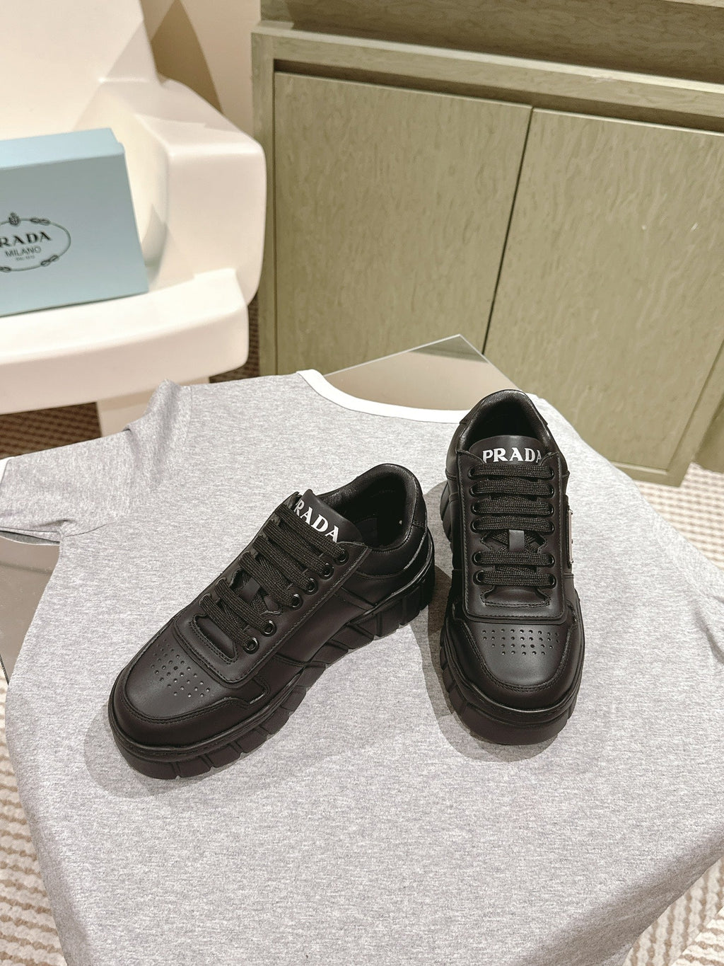 PRADA FLATFORM SNEAKERS BLACK CALFSKIN