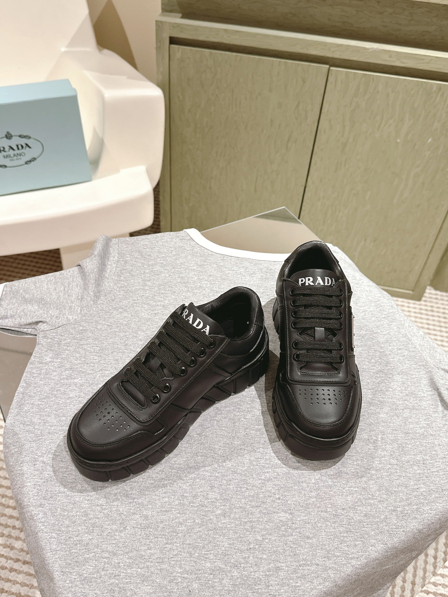 PRADA FLATFORM SNEAKERS BLACK CALFSKIN