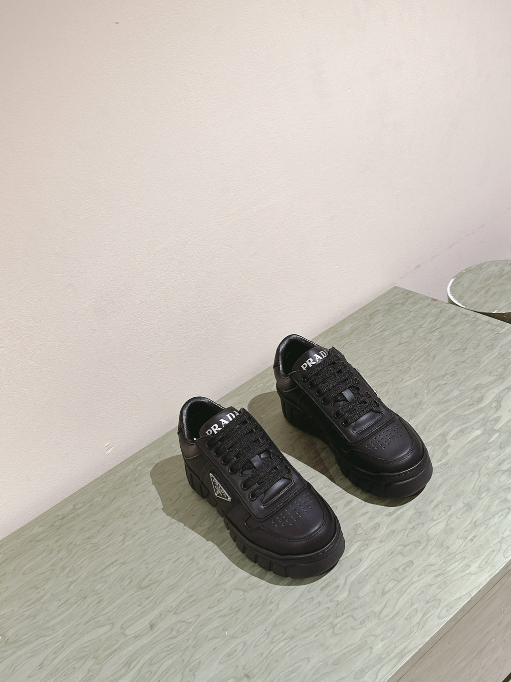 PRADA FLATFORM SNEAKERS BLACK CALFSKIN