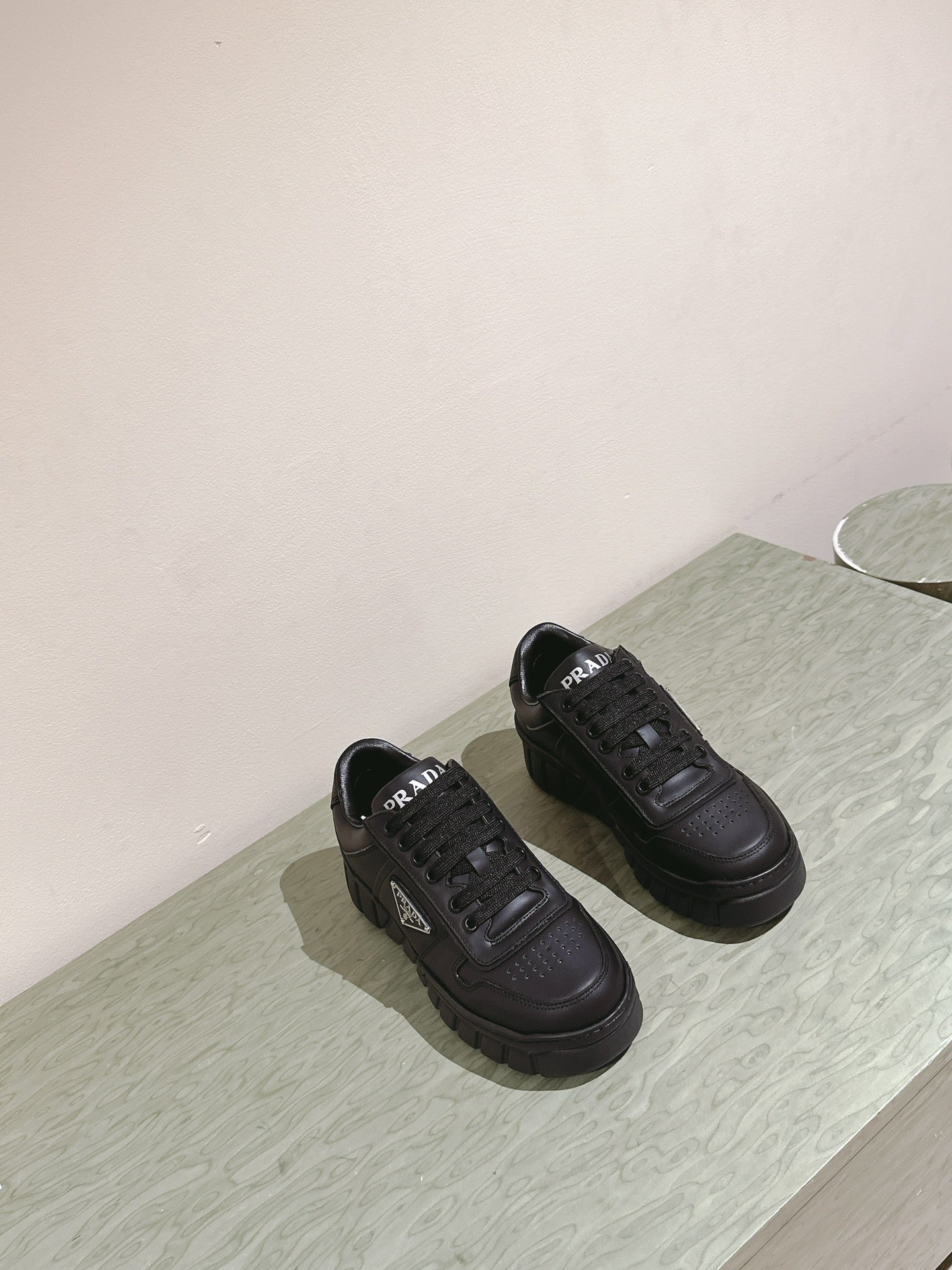 PRADA FLATFORM SNEAKERS BLACK CALFSKIN