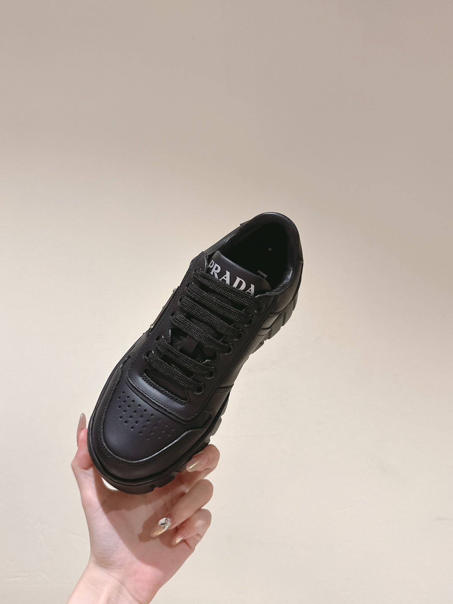 PRADA FLATFORM SNEAKERS BLACK CALFSKIN
