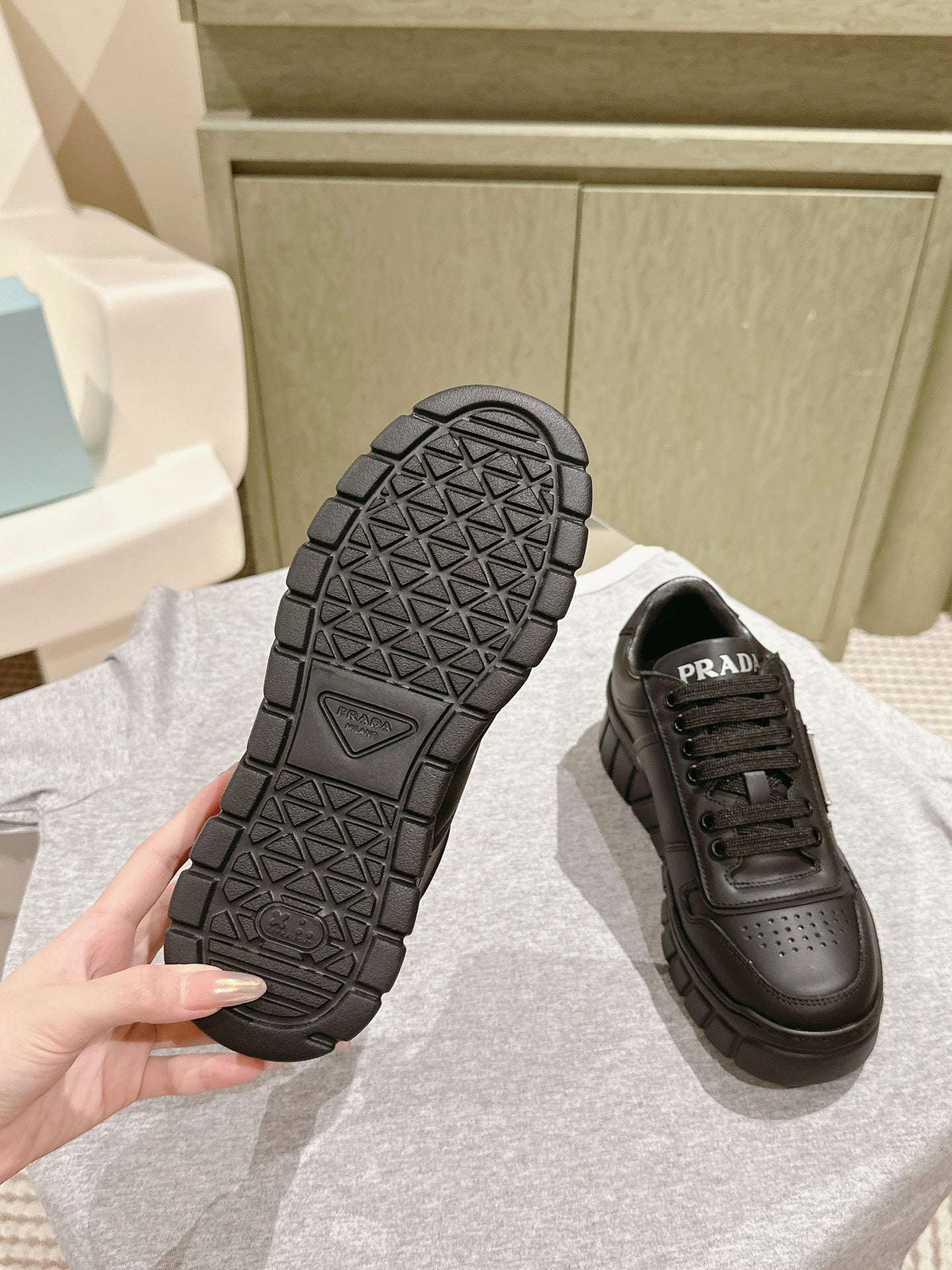 PRADA FLATFORM SNEAKERS BLACK CALFSKIN