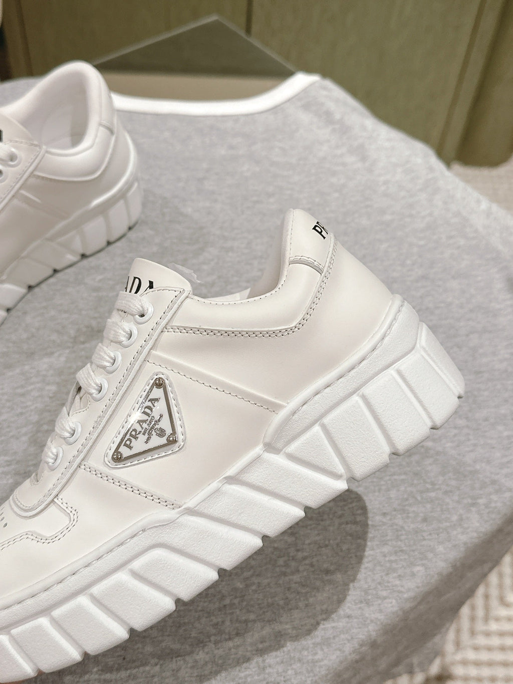 PRADA FLATFORM SNEAKERS WHITE CALFSKIN