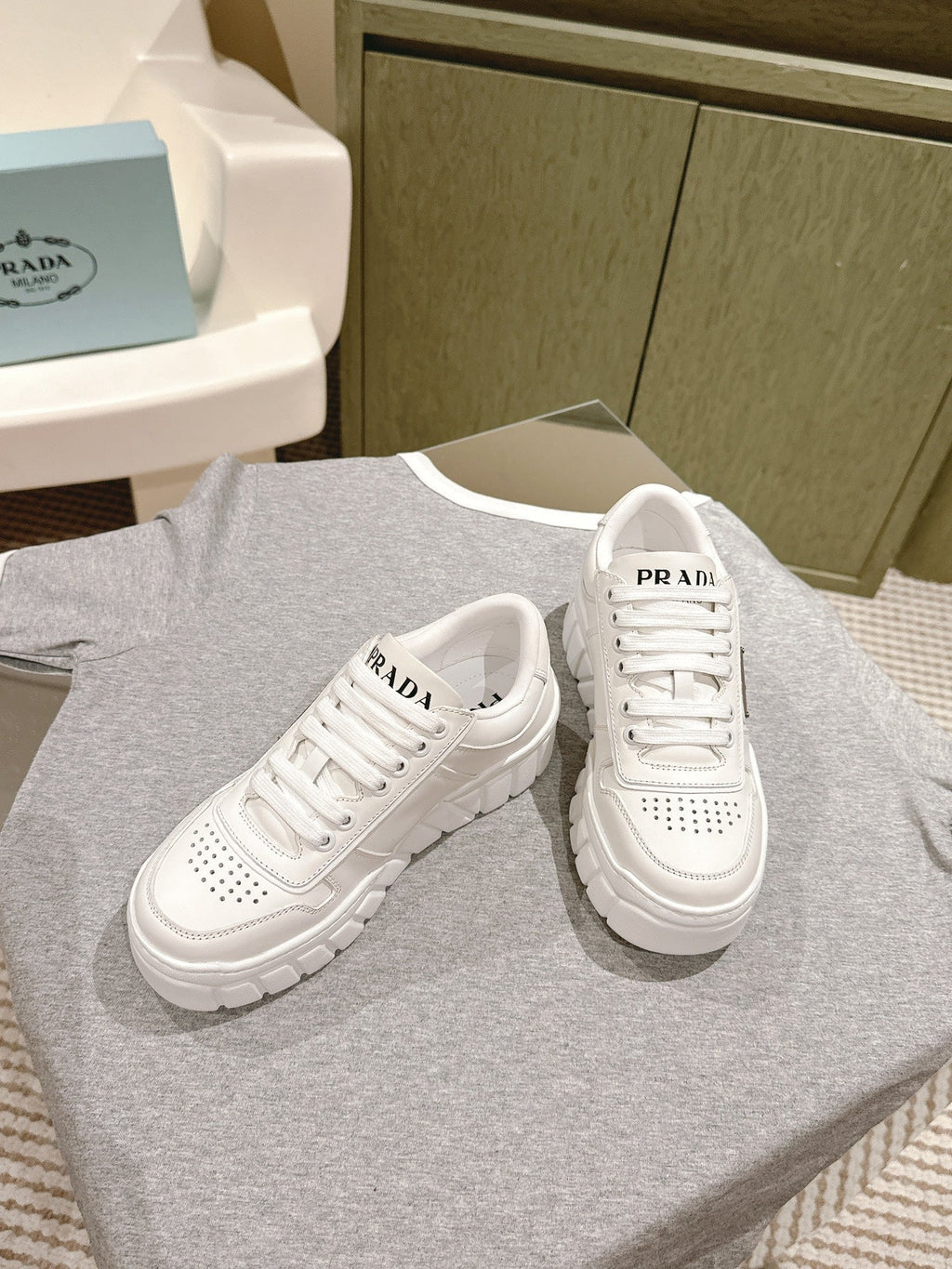PRADA FLATFORM SNEAKERS WHITE CALFSKIN