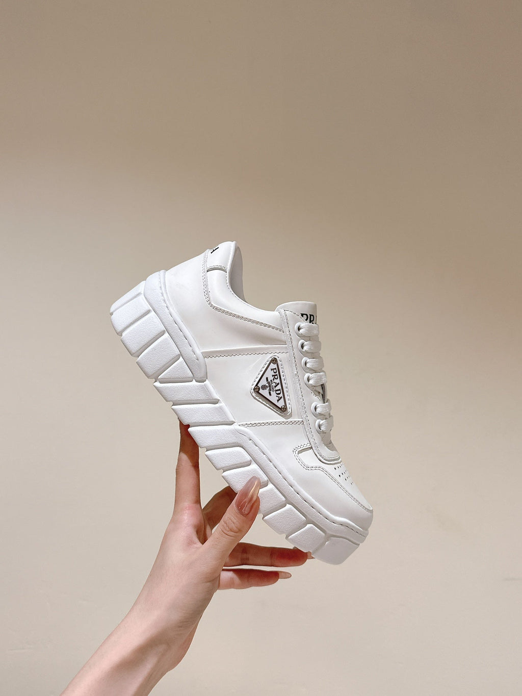PRADA FLATFORM SNEAKERS WHITE CALFSKIN