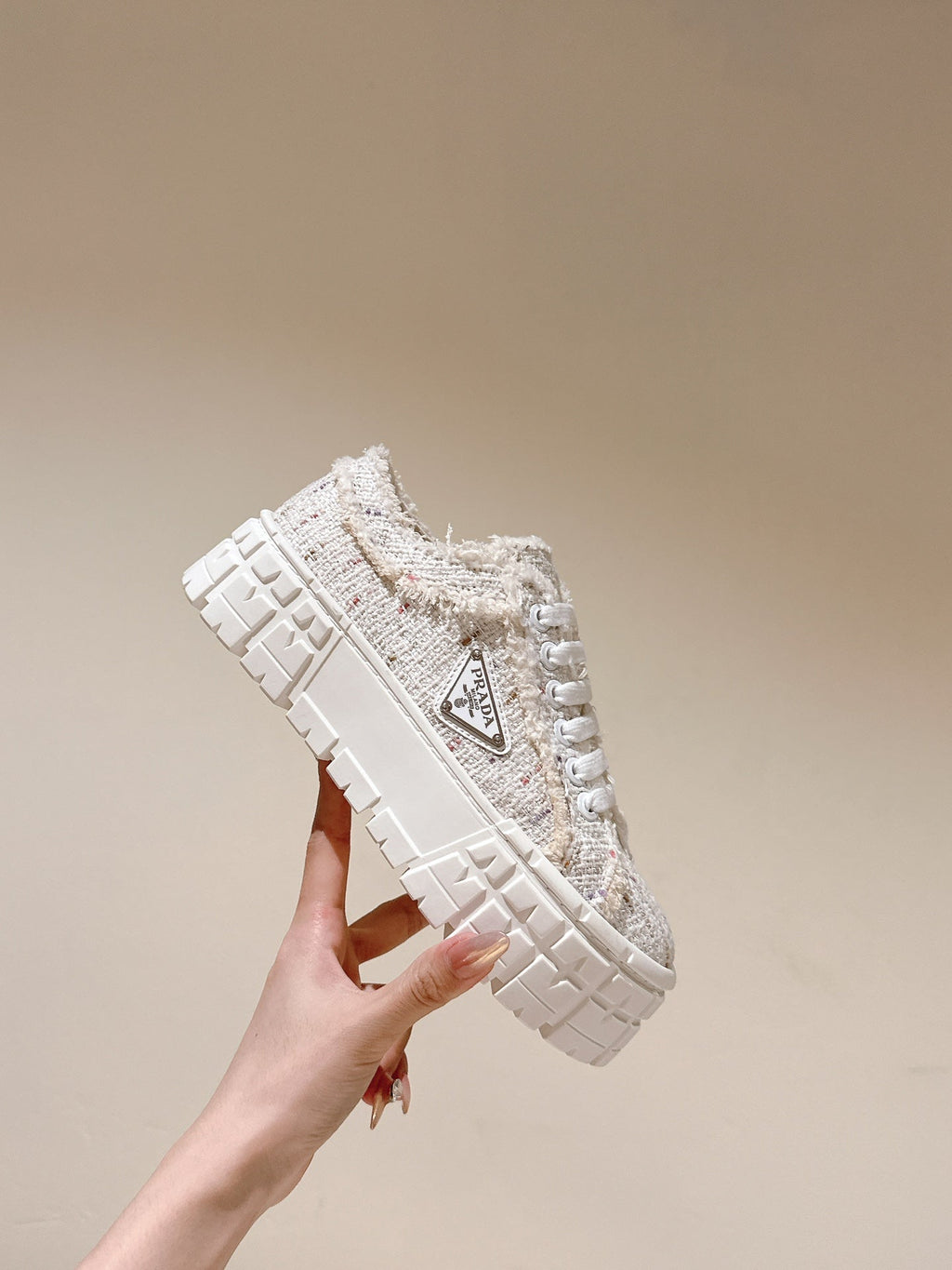 PRADA DOUBLE WHEEL RE-NYLON GABARDINE SNEAKERS BEIGE FABRIC