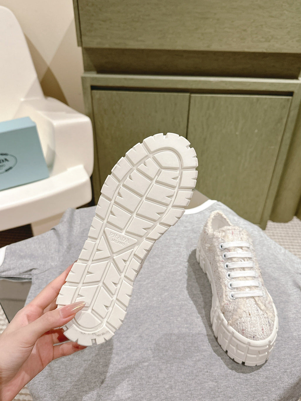 PRADA DOUBLE WHEEL RE-NYLON GABARDINE SNEAKERS BEIGE FABRIC