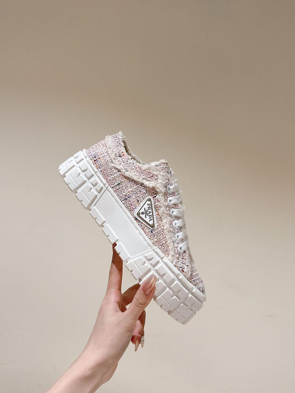 PRADA DOUBLE WHEEL RE-NYLON GABARDINE SNEAKERS ALMOND FABRIC