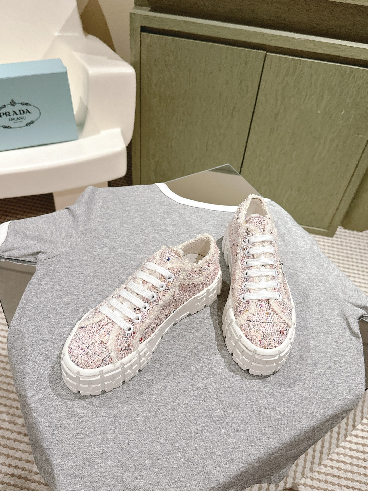 PRADA DOUBLE WHEEL RE-NYLON GABARDINE SNEAKERS ALMOND FABRIC