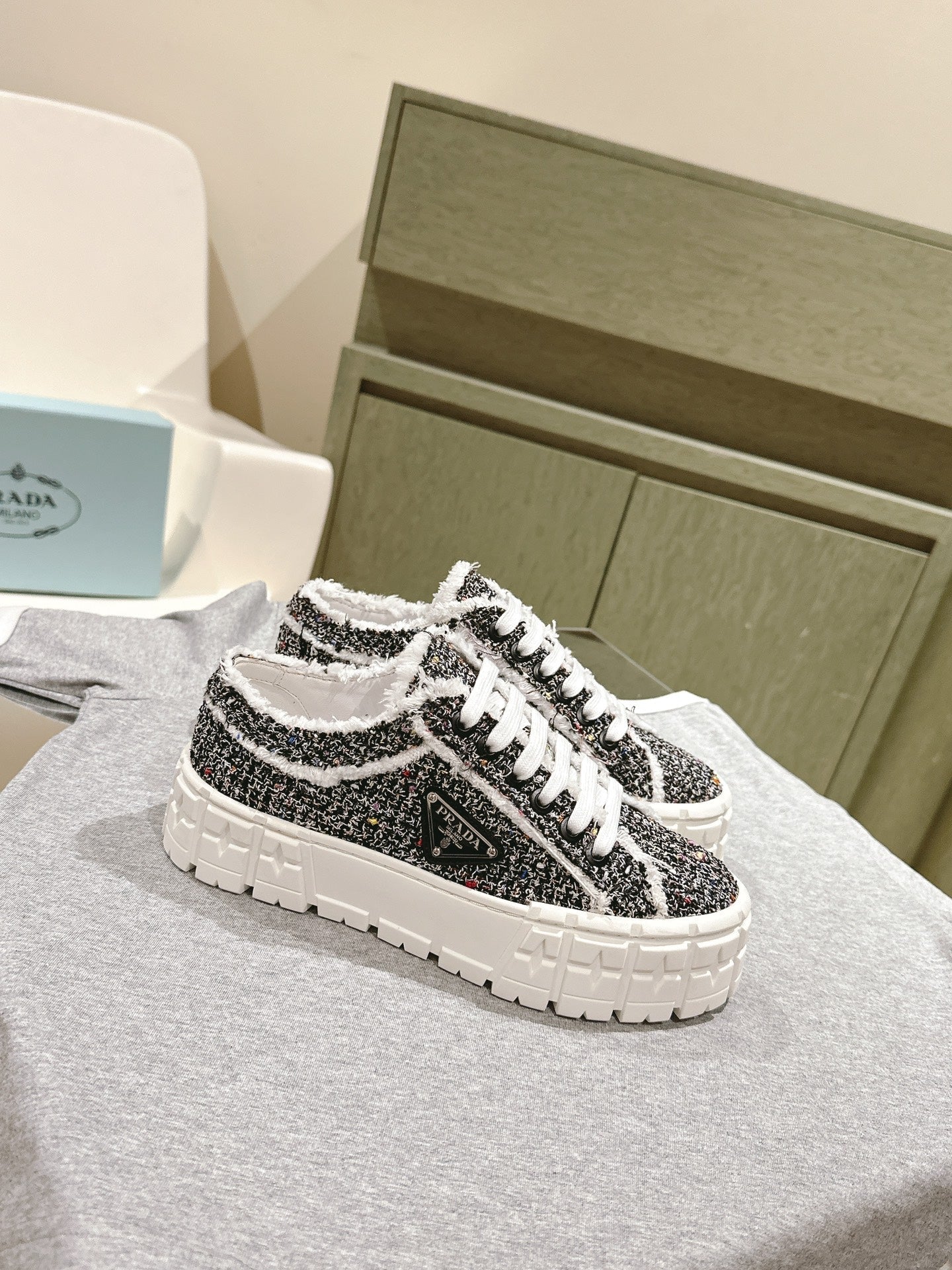 PRADA DOUBLE WHEEL RE-NYLON GABARDINE SNEAKERS BLACK FABRIC