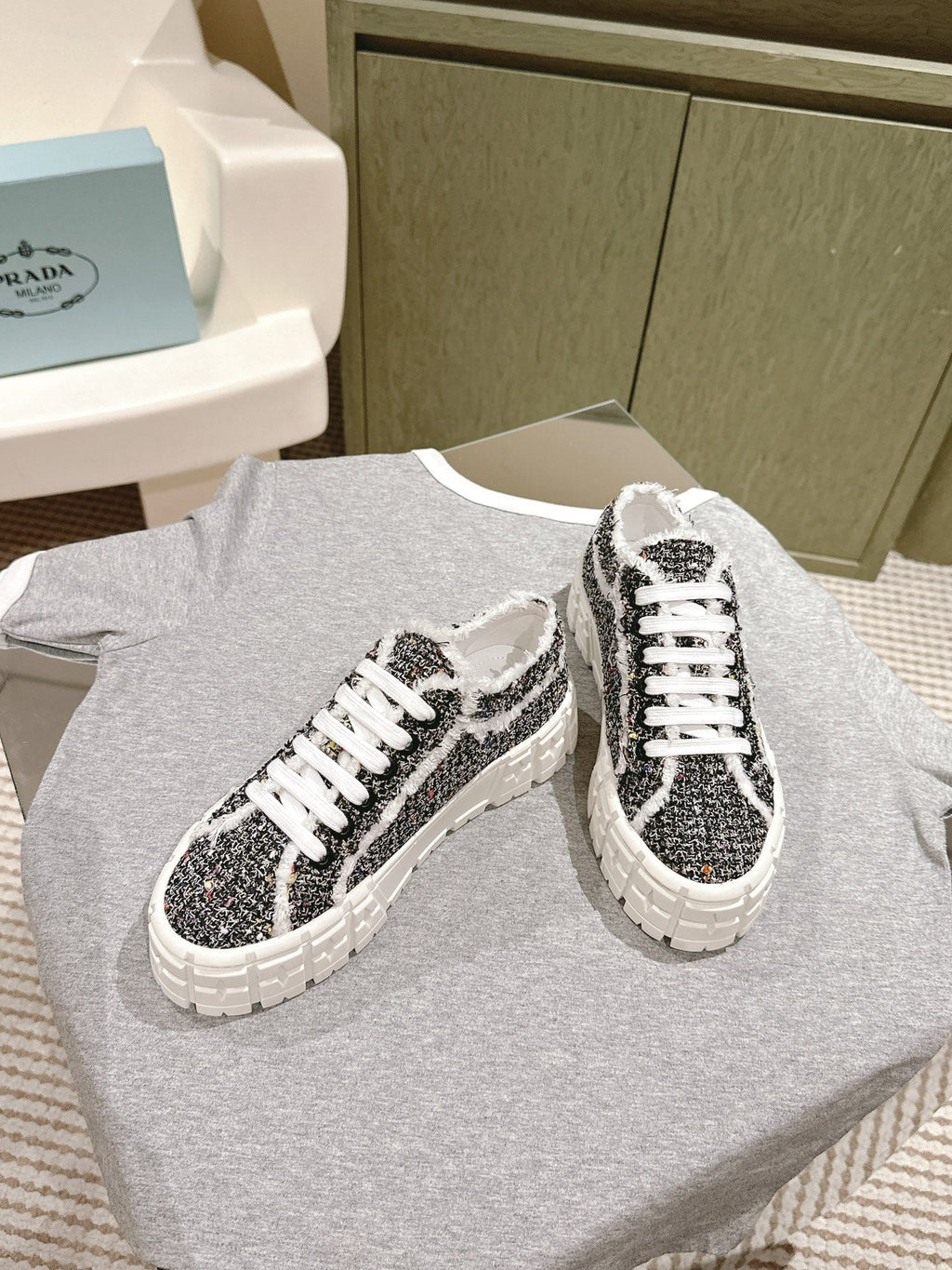 PRADA DOUBLE WHEEL RE-NYLON GABARDINE SNEAKERS BLACK FABRIC