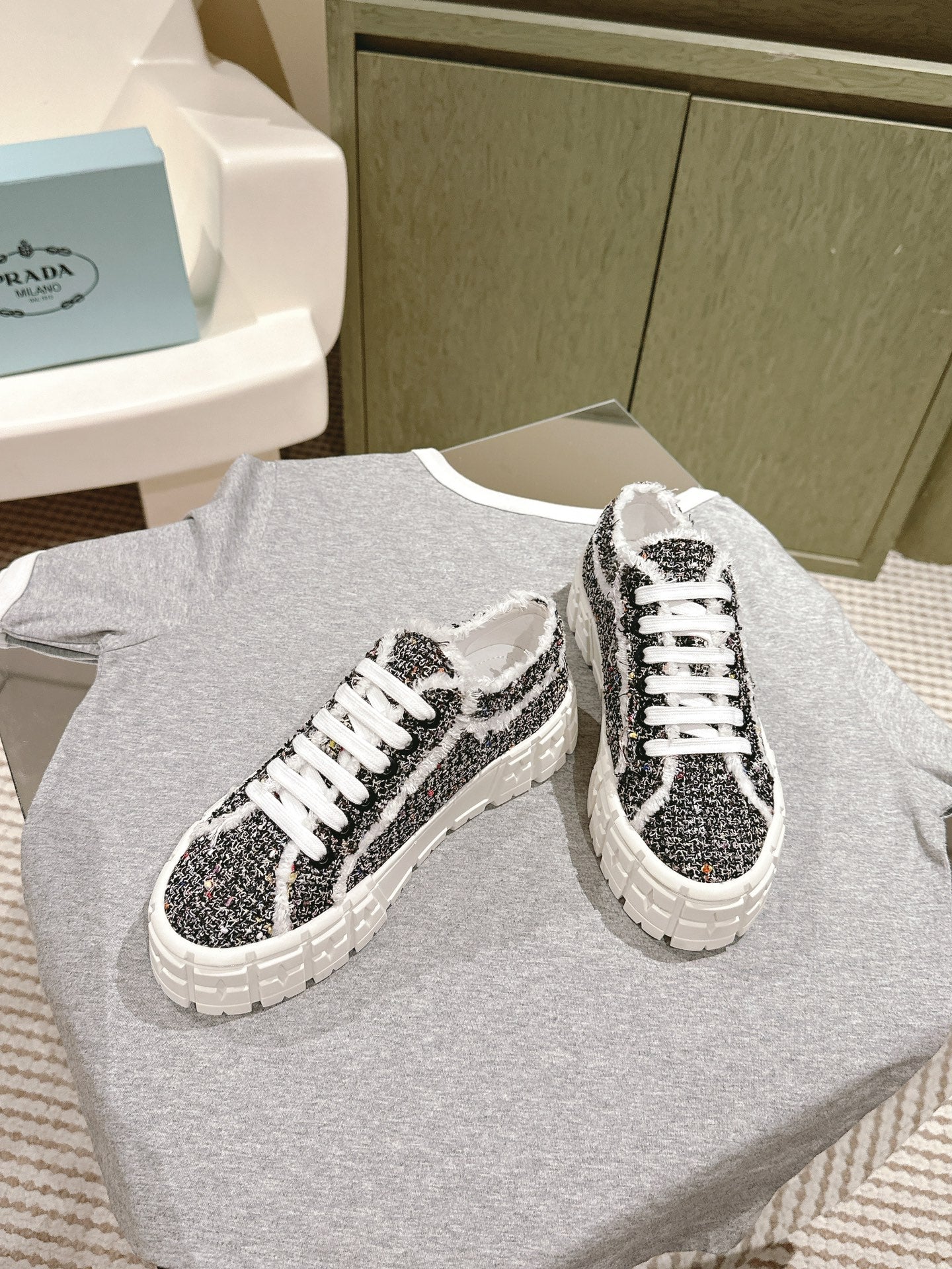 PRADA DOUBLE WHEEL RE-NYLON GABARDINE SNEAKERS BLACK FABRIC
