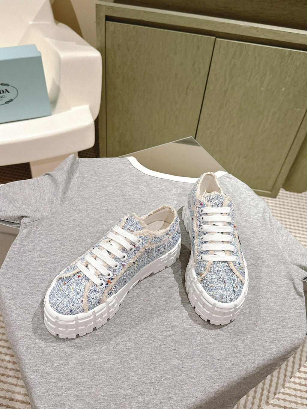 PRADA DOUBLE WHEEL RE-NYLON GABARDINE SNEAKERS SKY FABRIC