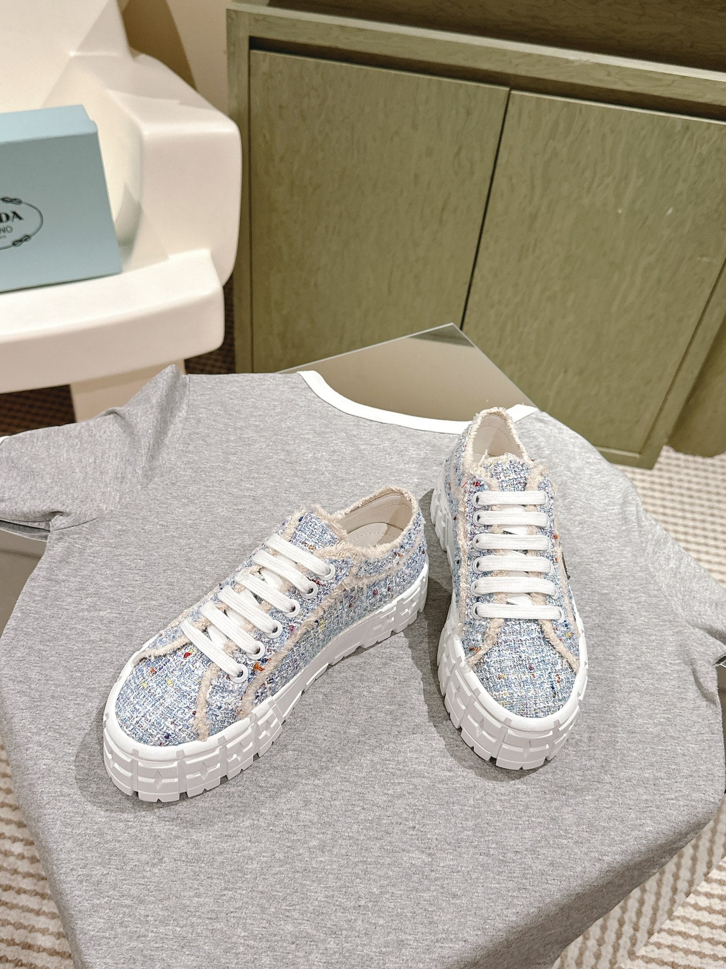 PRADA DOUBLE WHEEL RE-NYLON GABARDINE SNEAKERS SKY FABRIC