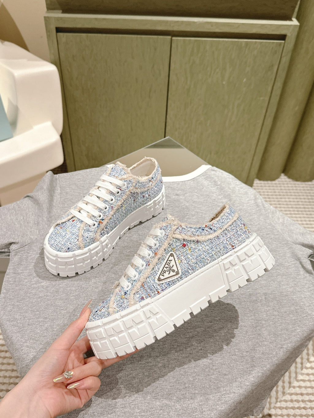 PRADA DOUBLE WHEEL RE-NYLON GABARDINE SNEAKERS SKY FABRIC