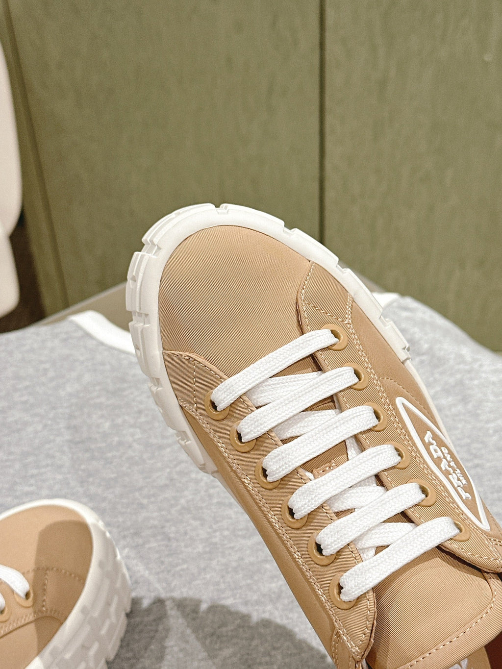 PRADA DOUBLE WHEEL RE-NYLON GABARDINE SNEAKERS TUSCAN CALFSKIN