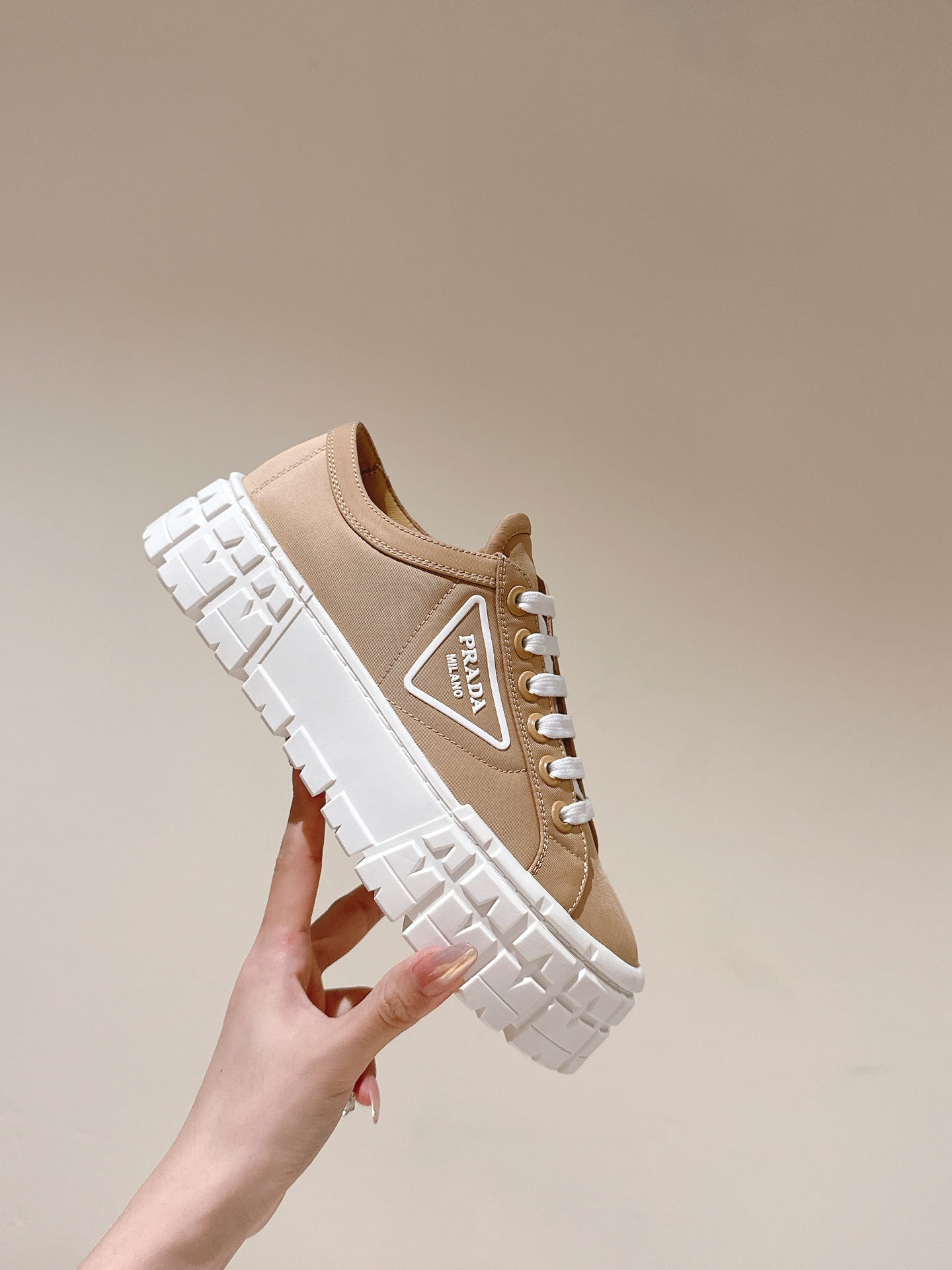 PRADA DOUBLE WHEEL RE-NYLON GABARDINE SNEAKERS TUSCAN CALFSKIN