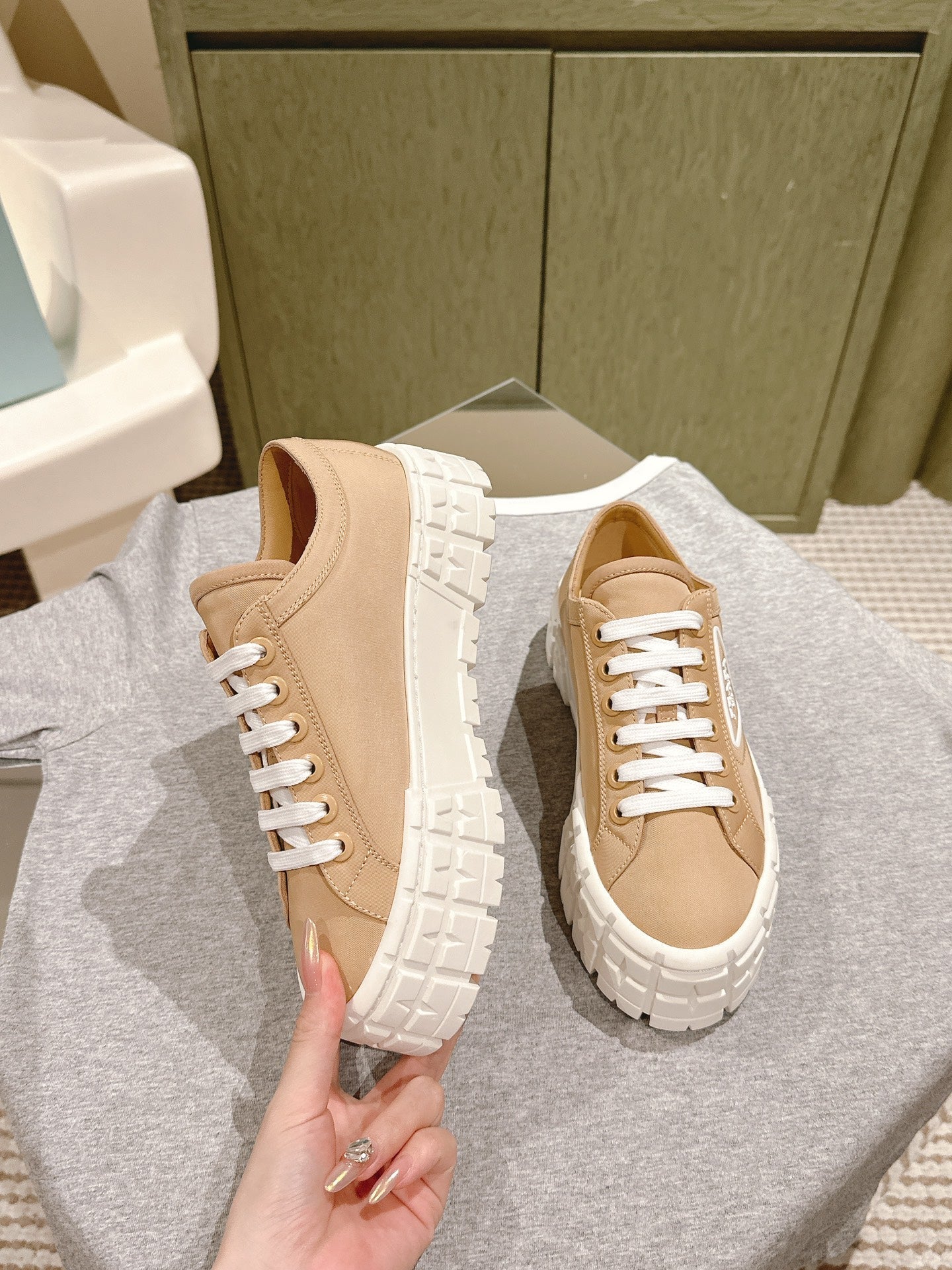 PRADA DOUBLE WHEEL RE-NYLON GABARDINE SNEAKERS TUSCAN CALFSKIN