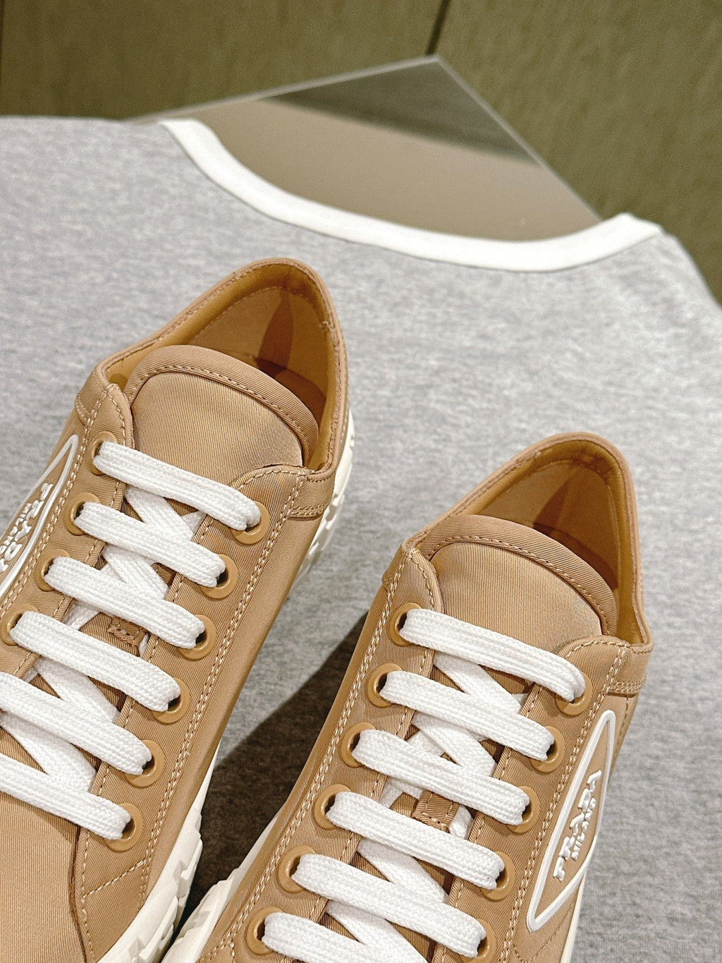 PRADA DOUBLE WHEEL RE-NYLON GABARDINE SNEAKERS TUSCAN CALFSKIN